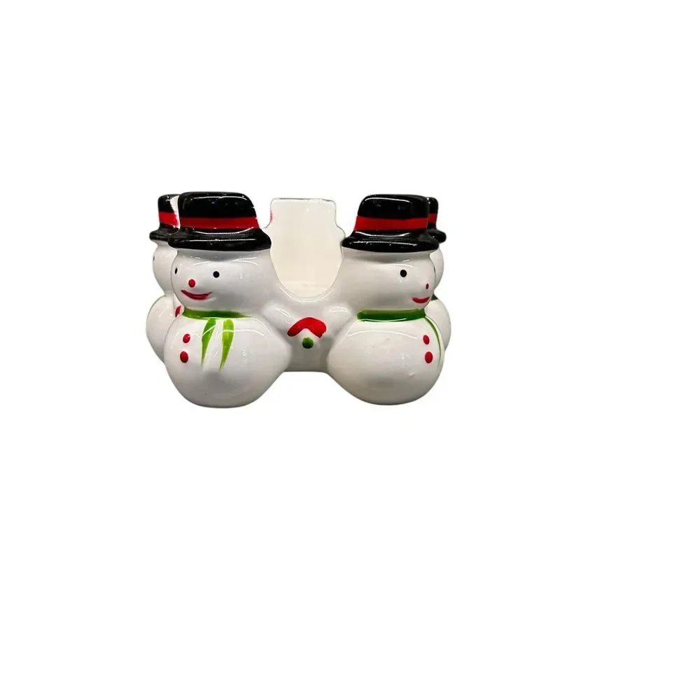Vintage Christmas Snowman Candle Holder  3in. Pillar  5‎ Jolly Snowmen In a Ring